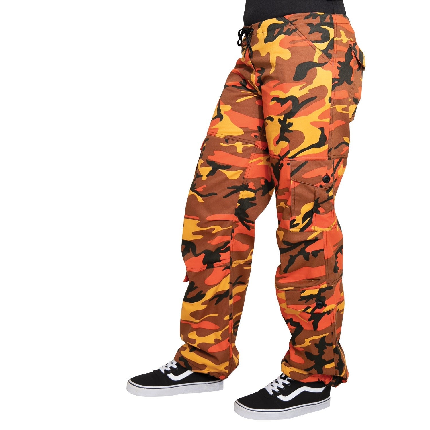 Pantalones paratrooper mujer camuflaje naranja con bolsillos laterales con botones y cordón de ajuste en la cintura