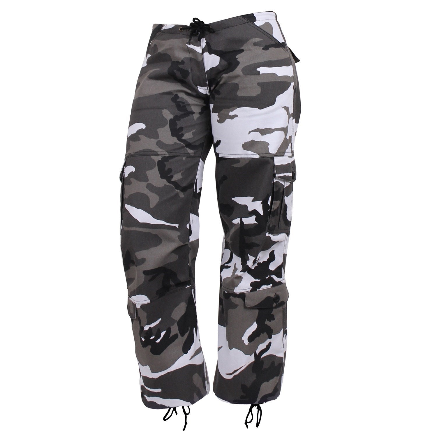 Pantalones paratrooper camuflaje para mujer con bolsillos laterales y cordón en la cintura