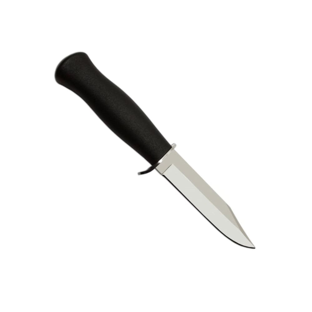 Cuchillo de caza finlandés negro con funda de cuero; hoja en acero inoxidable 420 y mango de plástico