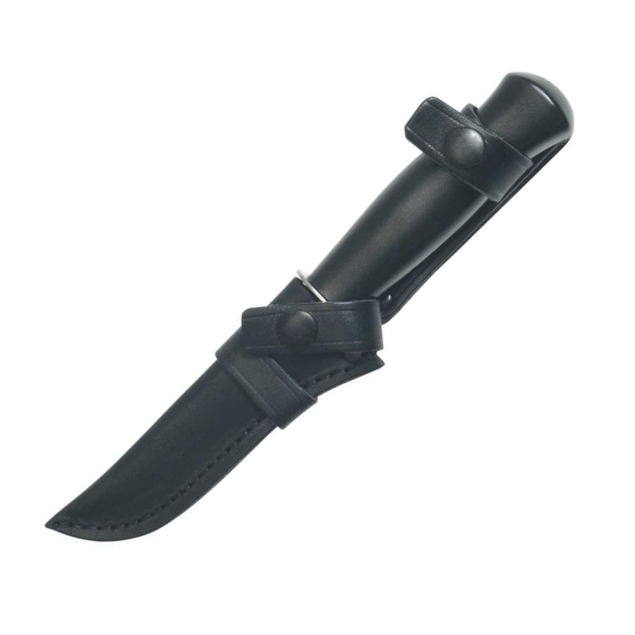 Cuchillo de caza finlandés negro con funda de cuero; hoja en acero inoxidable 420 y mango de plástico