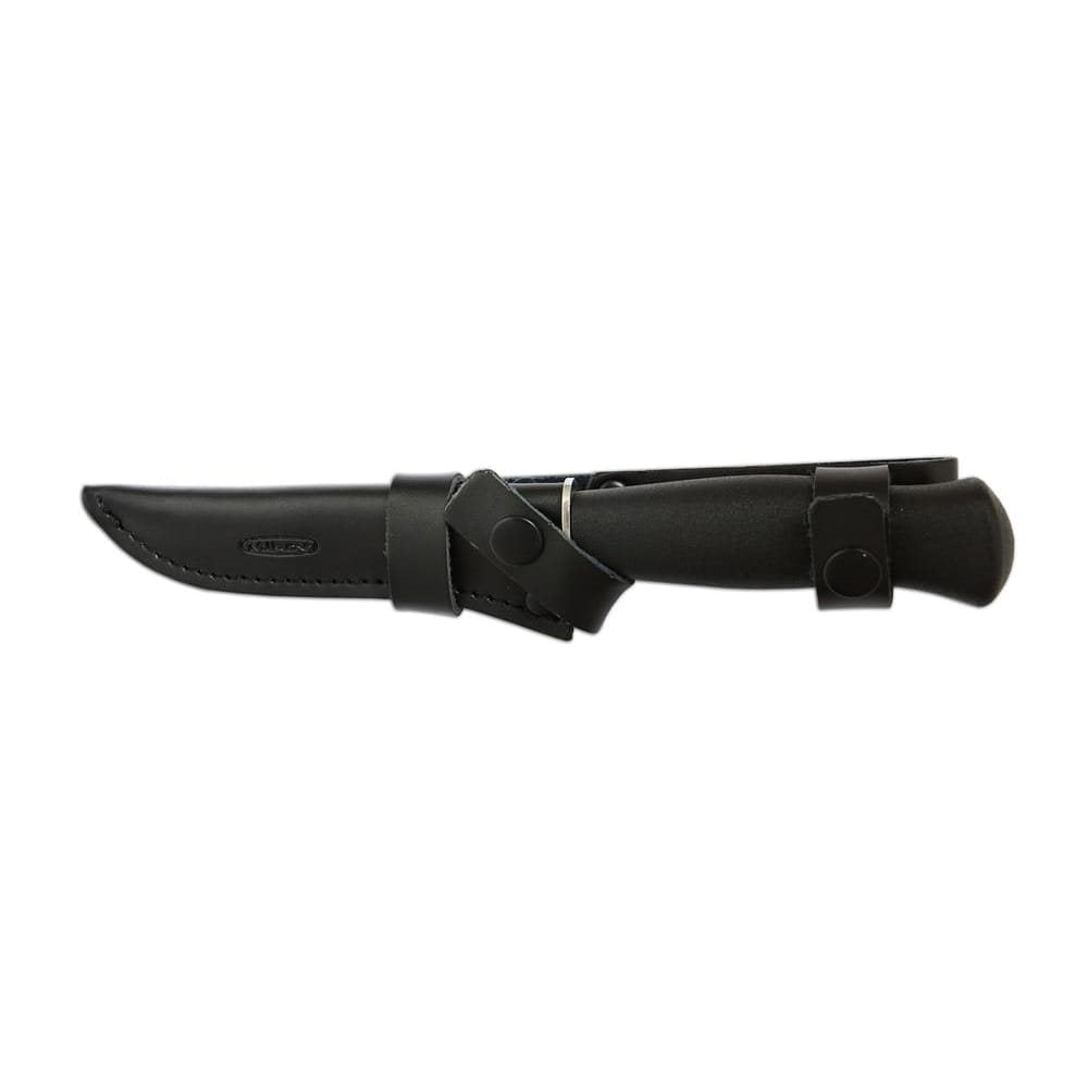 Cuchillo de caza finlandés negro con funda de cuero; hoja en acero inoxidable 420 y mango de plástico