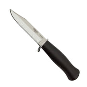 Cuchillo de caza finlandés negro con funda de cuero; hoja en acero inoxidable 420 y mango de plástico
