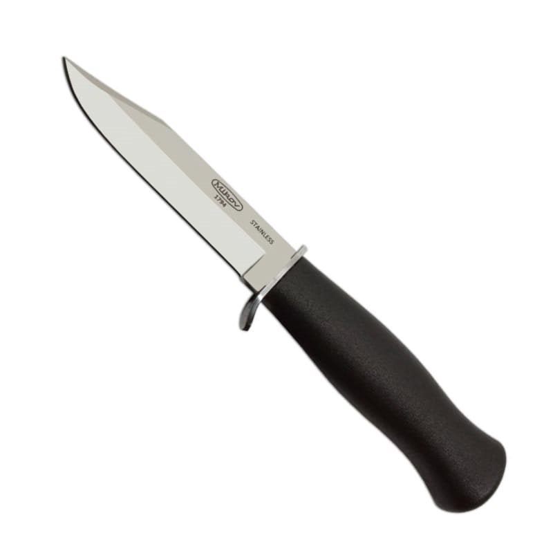 Cuchillo de caza finlandés negro con funda de cuero; hoja en acero inoxidable 420 y mango de plástico