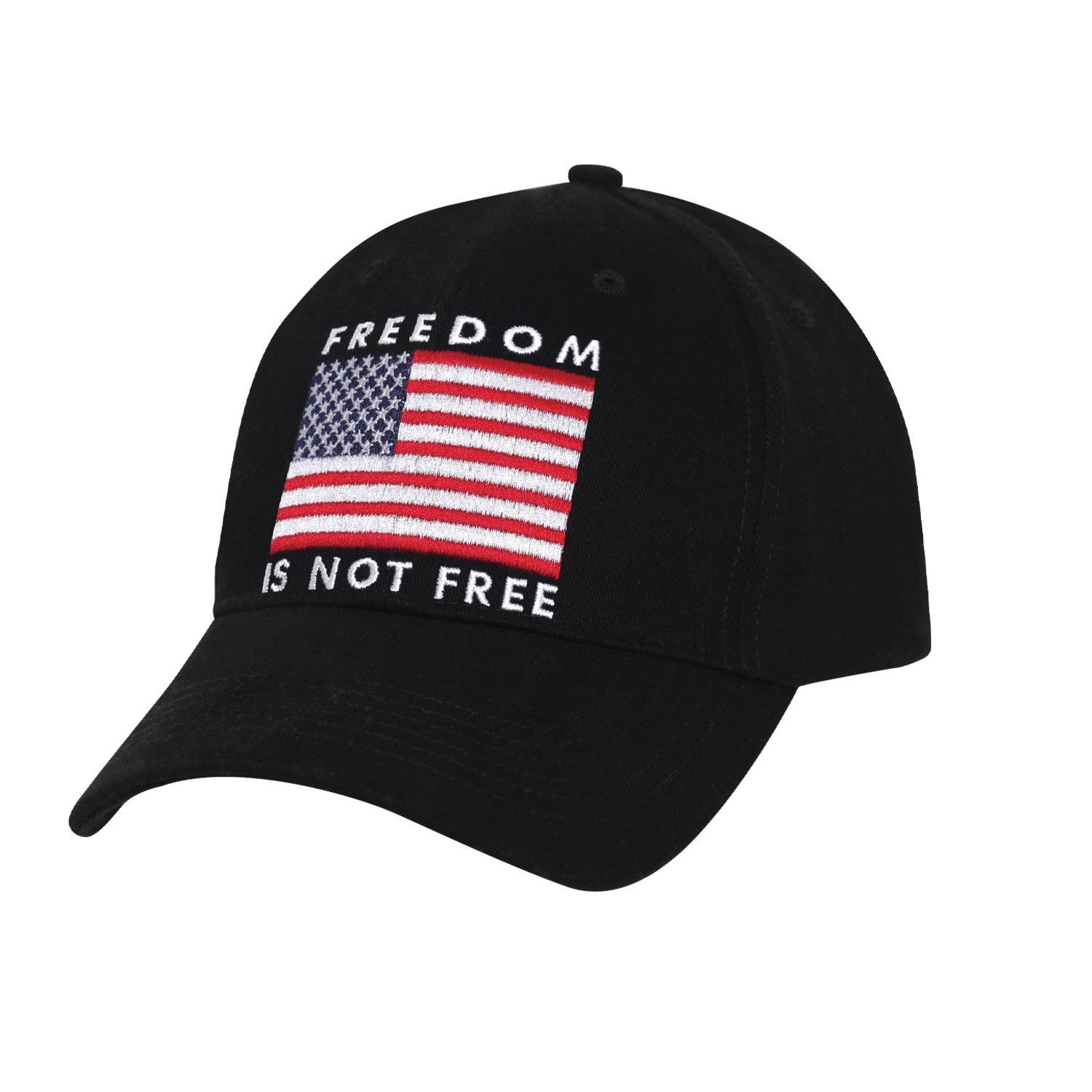 Gorra de béisbol negra con bandera de EE. UU. bordada y texto 'Freedom is not free'.
