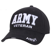 Gorra DELUXE ARMY VETERAN negra con cierre de velcro 'ARMY VETERAN' y texto 'ARMY' en la visera, 100% algodón peinado