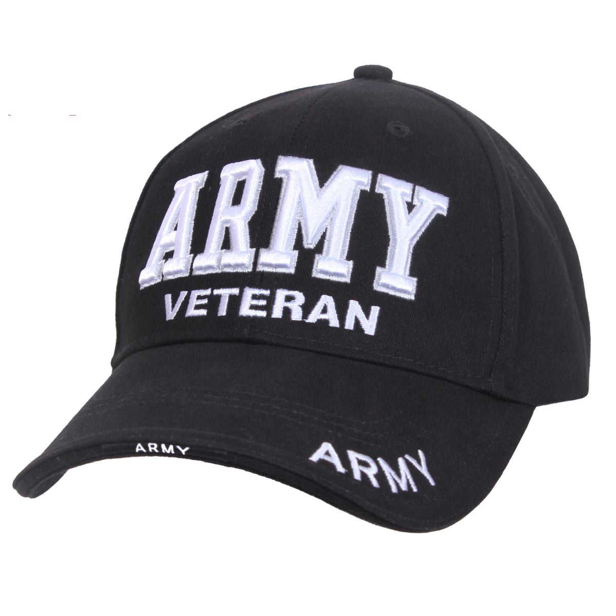 Gorra DELUXE ARMY VETERAN negra con cierre de velcro 'ARMY VETERAN' y texto 'ARMY' en la visera, 100% algodón peinado