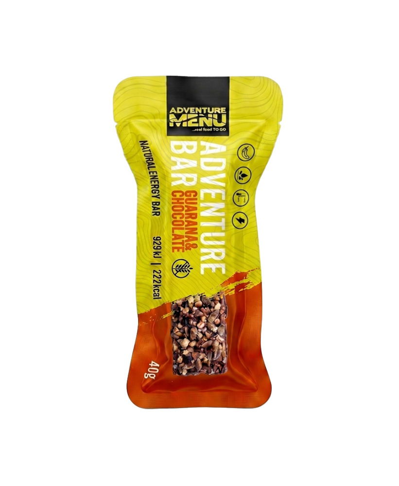 Barrita energética Adventure Bar guaraná y chocolate Adventure Menu 40g 222 kcal sin gluten - Supervivencia Extrema