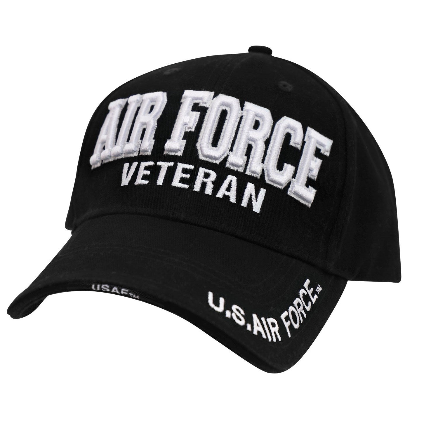 Gorra negra DELUXE AIR FORCE VETERAN con 'AIR FORCE VETERAN' en frontal y 'U.S. AIR FORCE'/'USAF' en la visera