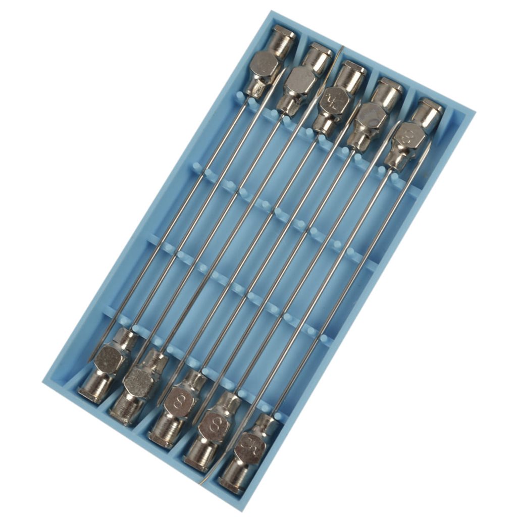 Agujas inyectables metálicas 8x50 en caja de plástico, 10 unidades