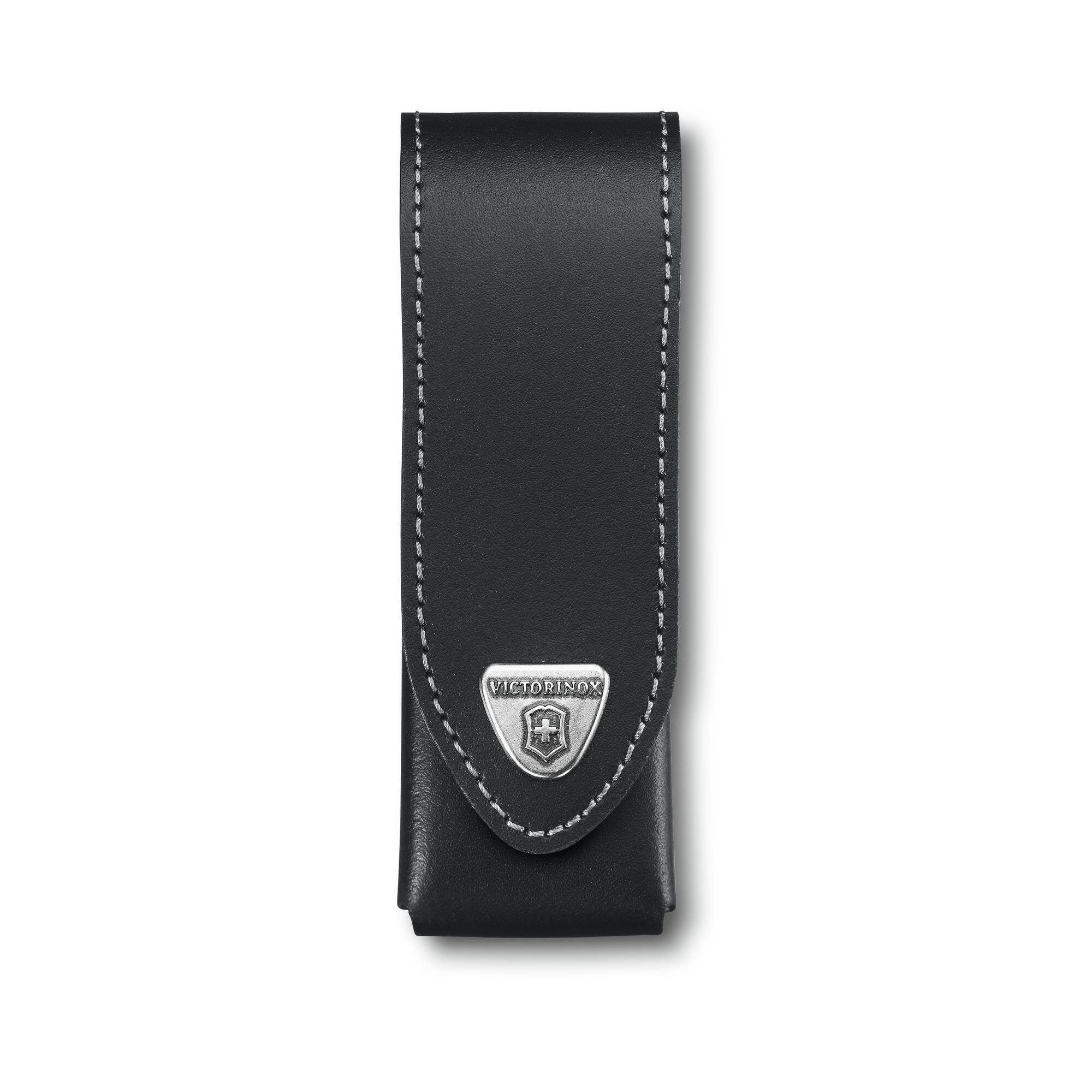 Funda de cuero negra para navaja 111 mm con cierre de velcro y emblema Victorinox
