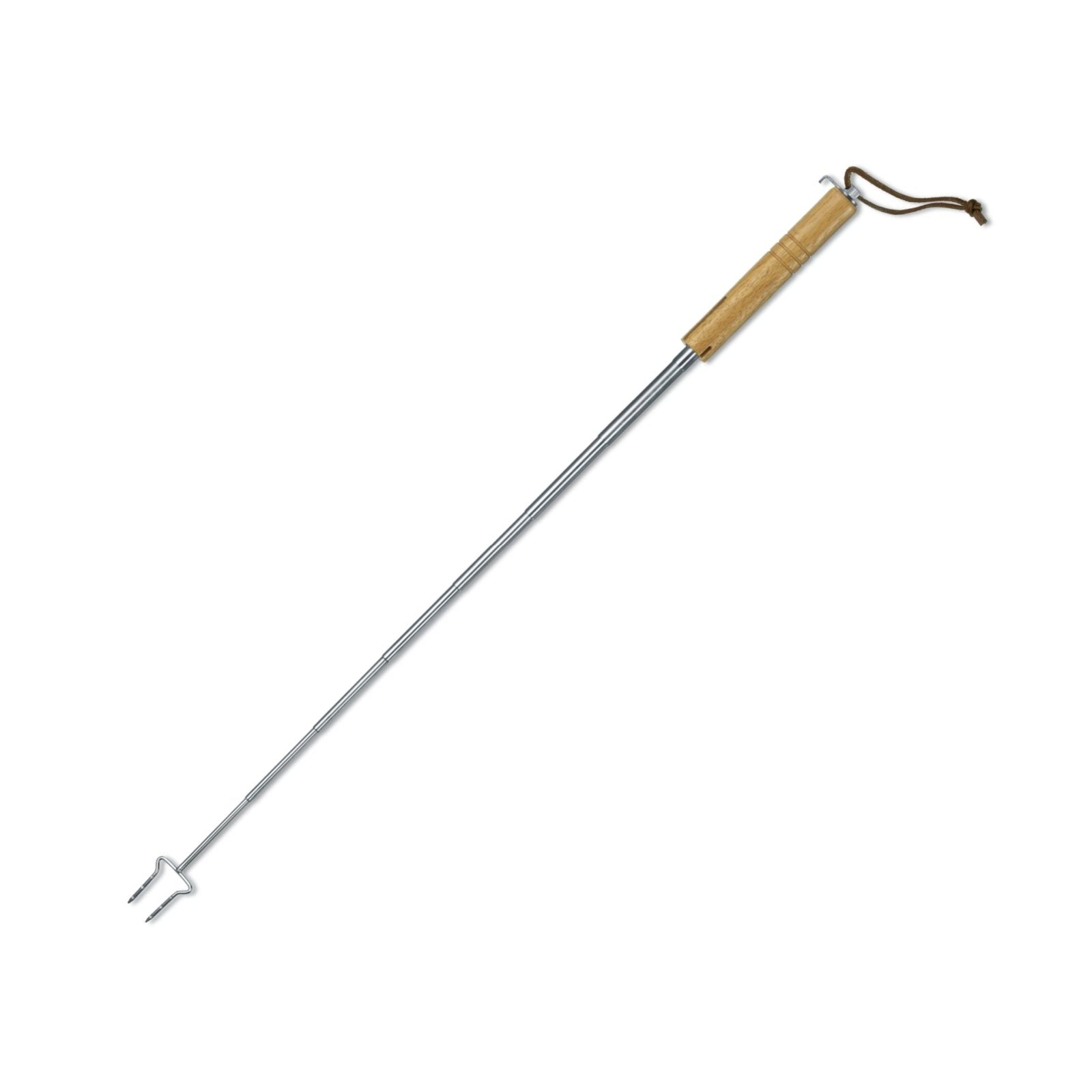 Tenedor telescópico para asar con mango de madera y funda protectora, longitud máxima 65 cm
