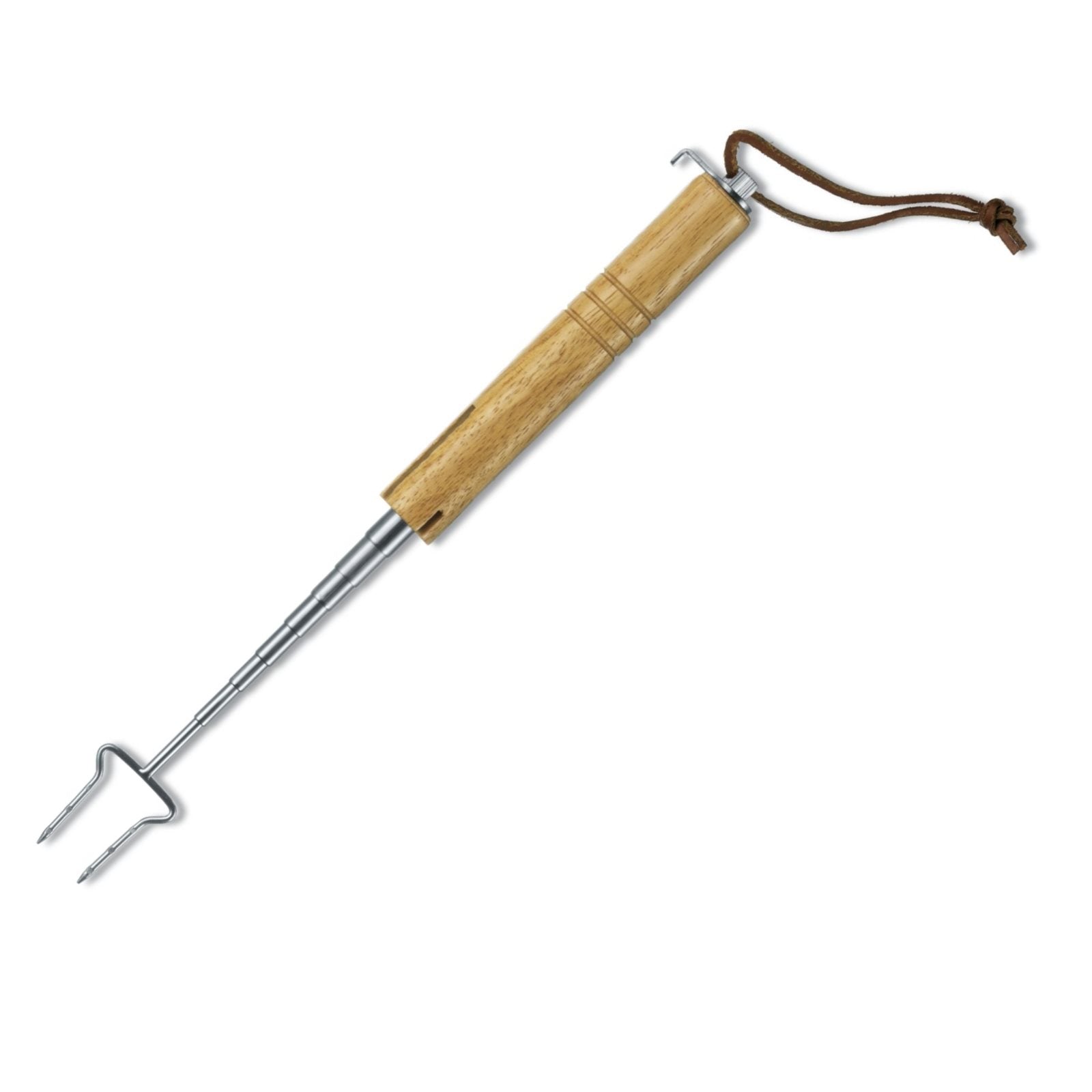 Tenedor telescópico para asar con mango de madera, longitud máxima 65 cm, incluye funda protectora