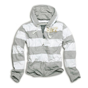 Sudadera HENLEY con capucha a rayas gris y blanco, algodón suave y tejido cálido