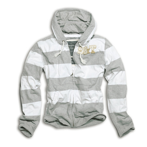 Sudadera HENLEY con capucha a rayas gris y blanco, algodón suave y tejido cálido