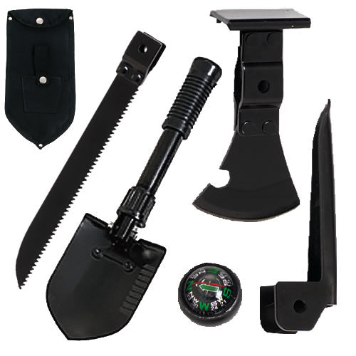 Pala plegable de supervivencia 5 piezas, color negro, con accesorios