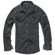 Camisa slim negra de algodón con efecto lavado y parches de cuero