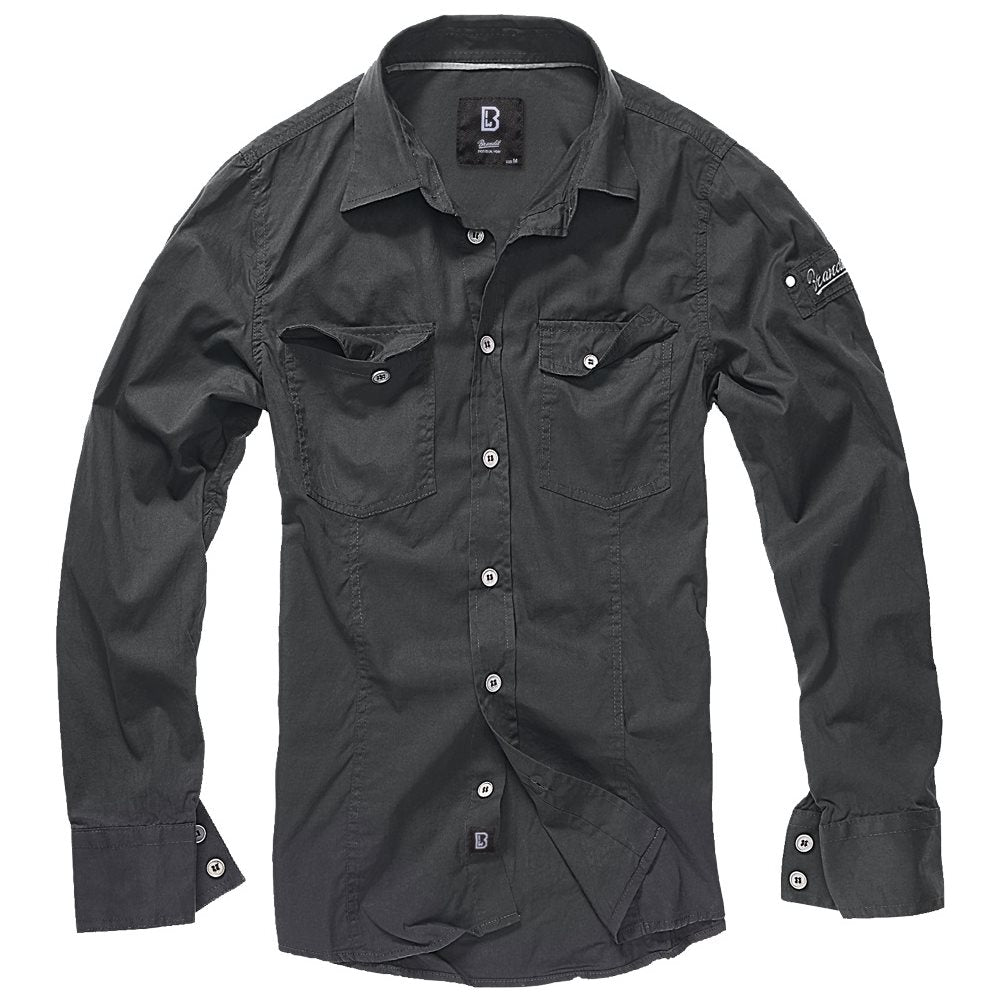 Camisa slim negra de algodón con efecto lavado y parches de cuero