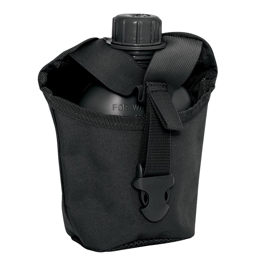 Funda para botella 1QT MOLLE negra con cierre fastex y anillas PALS, material 600D