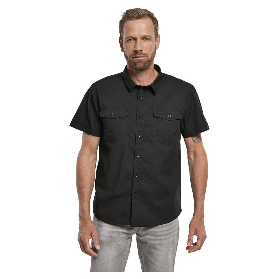 Camisa ROADSTAR negra de manga corta, algodón, cierre de botones y dos bolsillos en el pecho