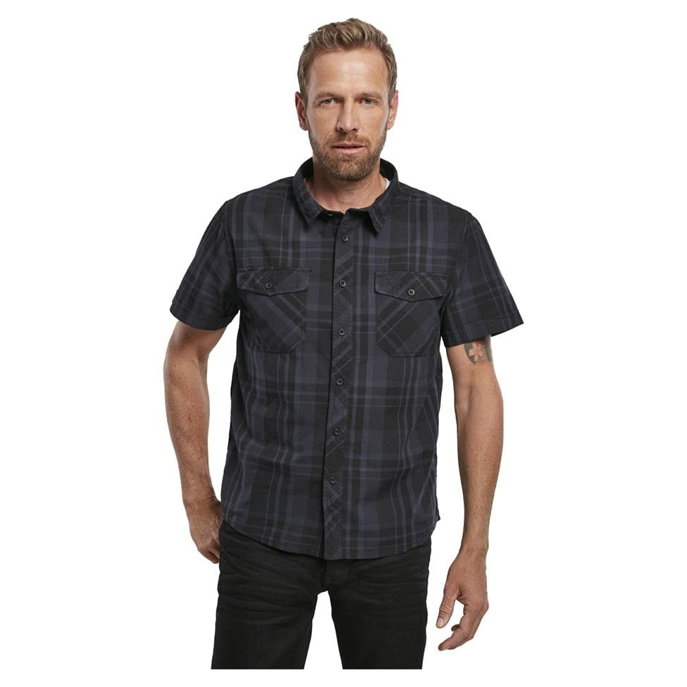 Camisa ROADSTAR manga corta negra y azul, algodón ligera, cierre de botones