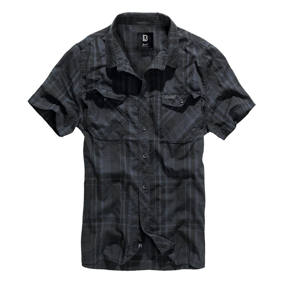 Camisa ROADSTAR manga corta negra y azul, algodón ligera, cierre de botones