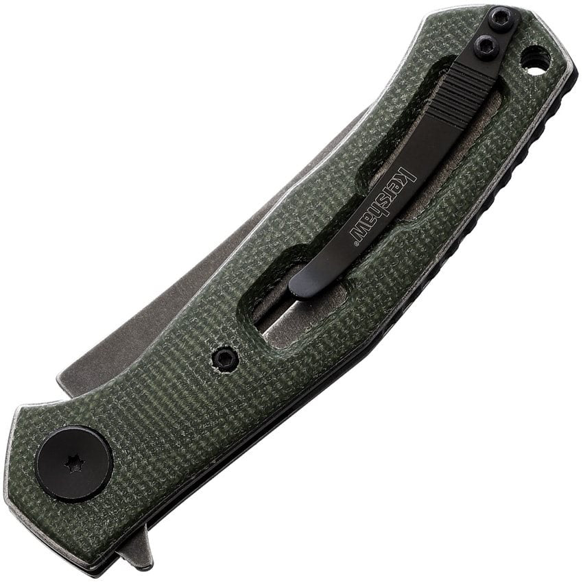 Navaja plegable Kershaw Concierge micarta verde con hoja de acero D2 acabado BlackWash y filo liso