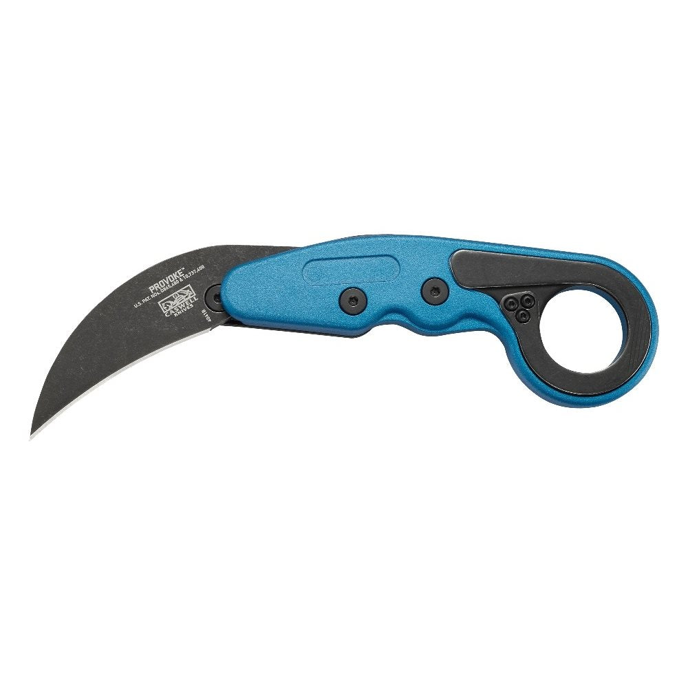 Navaja plegable PROVOKE karambit azul, hoja 6,3 cm de acero al carbono, filo liso y clip de bolsillo