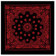 Pañuelo TRAINMEN 55 x 55 cm negro y rojo de algodón, cuatro puntas con motivo western y bordes recortados
