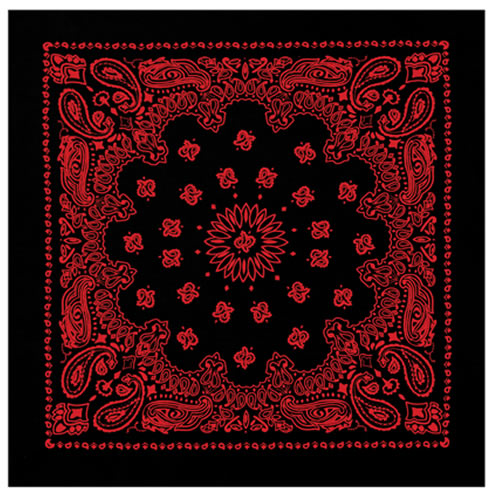 Pañuelo TRAINMEN 55 x 55 cm negro y rojo de algodón, cuatro puntas con motivo western y bordes recortados