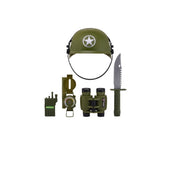 Set infantil ARMY FORCES: casco con barbuquejo, cuchillo de hoja fija, prismáticos, brújula y walkie-talkie