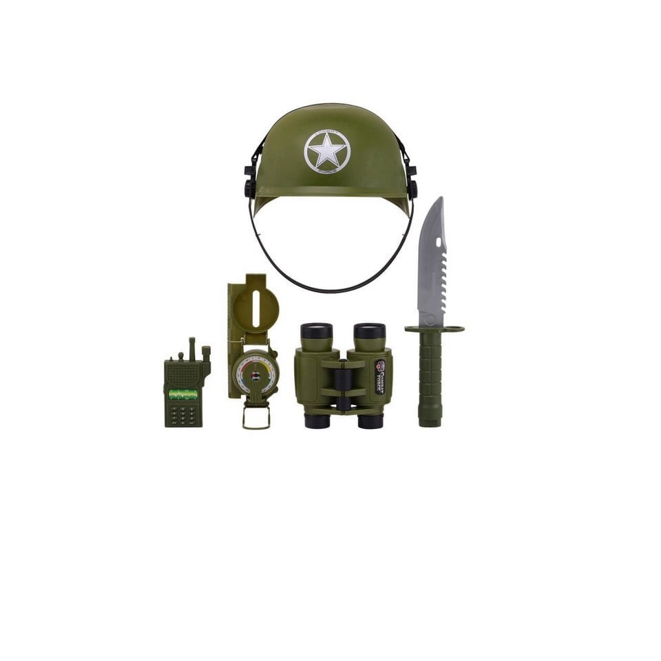Set infantil ARMY FORCES: casco con barbuquejo, cuchillo de hoja fija, prismáticos, brújula y walkie-talkie