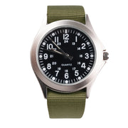 Reloj militar Quartz verde con correa de nylon y caja plateada