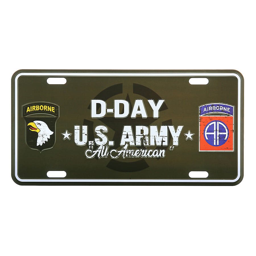 Placa metálica D-DAY U.S. ARMY con parches de la 101. y 82. división aerotransportada