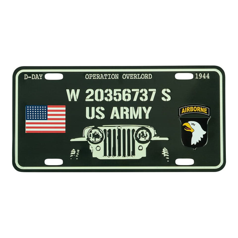 Cartel metálico D-DAY WILLYS con bandera americana, insignia 101.ª división y frontal de Jeep