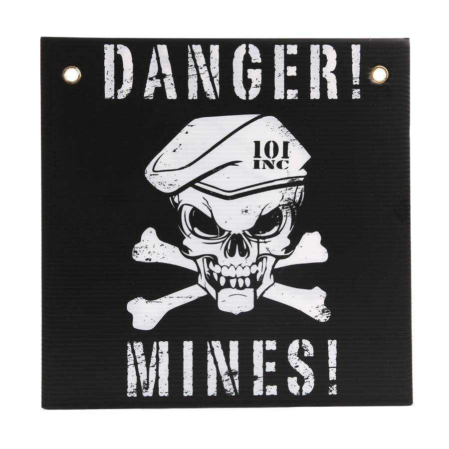 Cartel plástico DANGER! MINES! blanco y negro 30 x 30 cm
