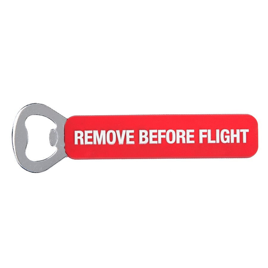 Abrebotellas de acero inoxidable con mango de PVC con inscripción REMOVE BEFORE FLIGHT
