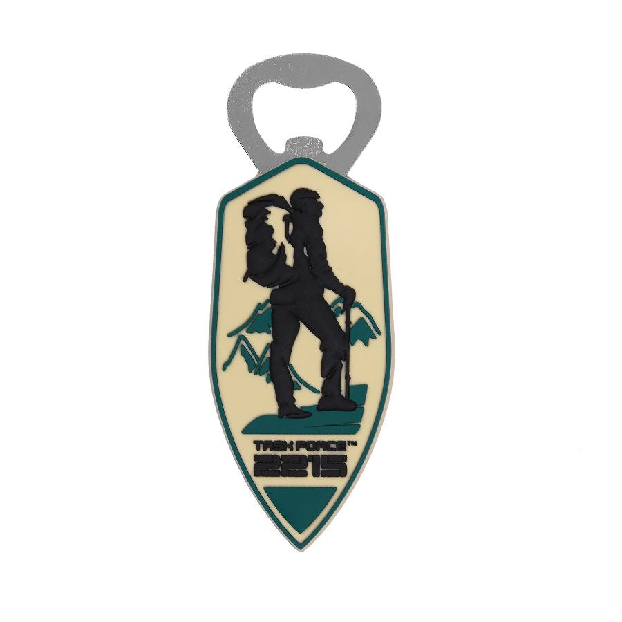 Abridor de botellas HIKER con motivo de montañas, 12,5 cm, acero inoxidable y empuñadura de PVC