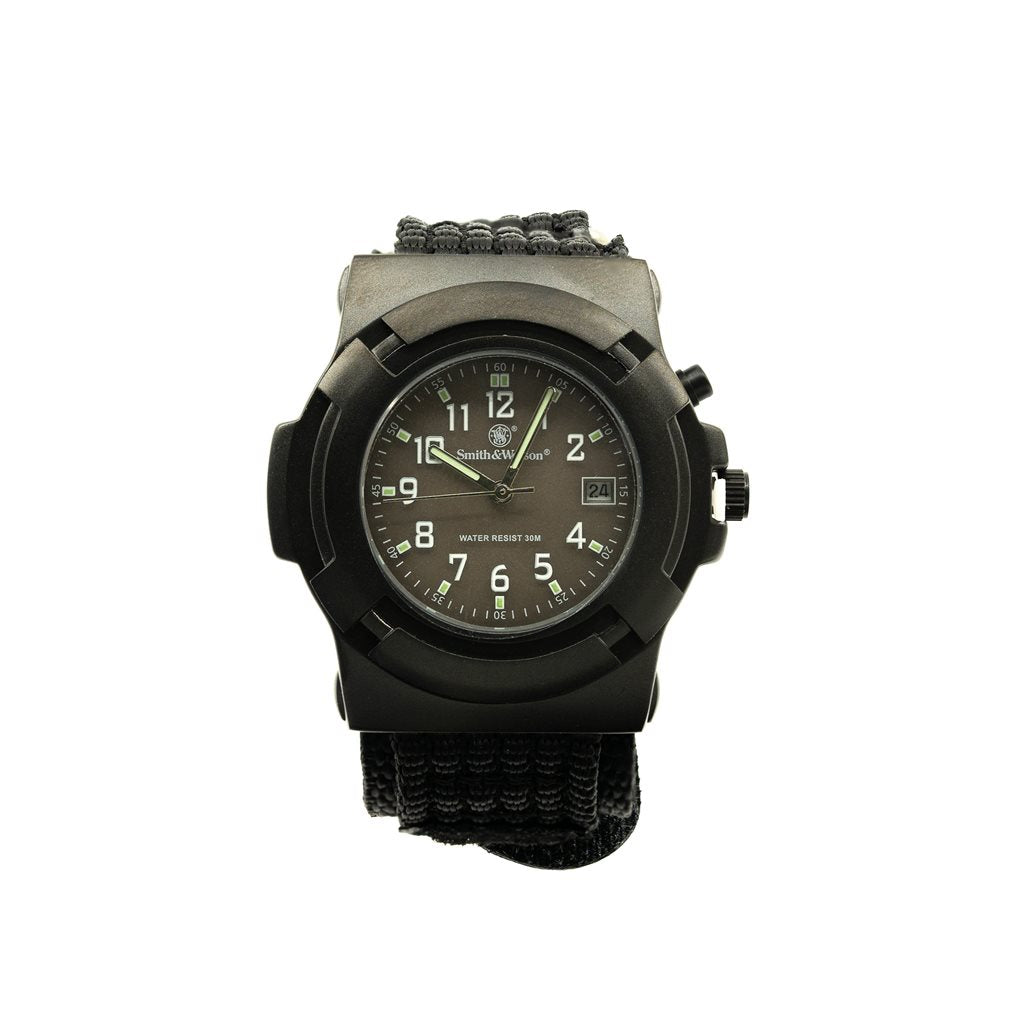 Reloj SMITH & WESSON Lawman negro con correa de nylon y cierre de velcro, fecha y esfera luminiscente, resistente 30M