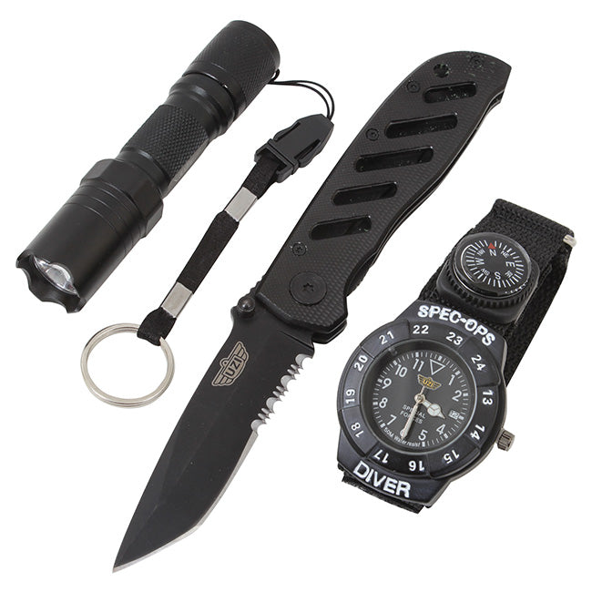 Set UZI Special Forces: reloj SPEC-OPS DIVER con brújula, navaja plegable y linterna LED