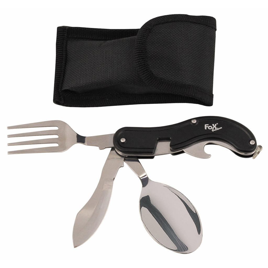 Cubiertos de viaje 4 en 1 en acero 3Cr13: cuchara, cuchillo, tenedor y abridor