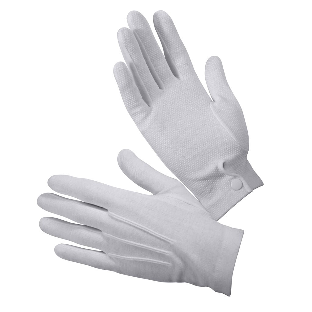 Guantes Parade antideslizantes blancos, palma con grip y puño con broche, 100% algodón