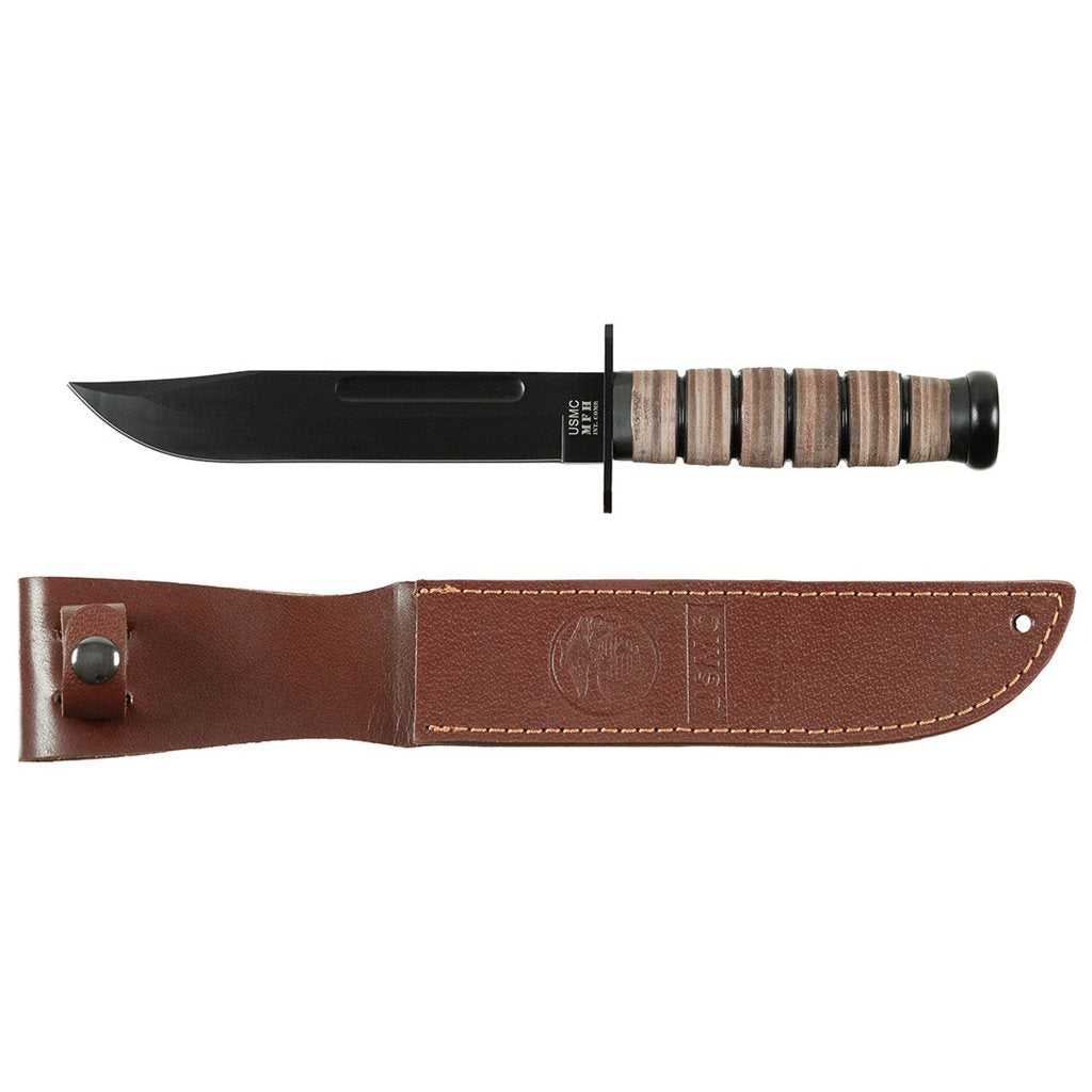 Cuchillo de combate USMC con mango de cuero y funda marron, 30,5 cm total, hoja 17,5 cm