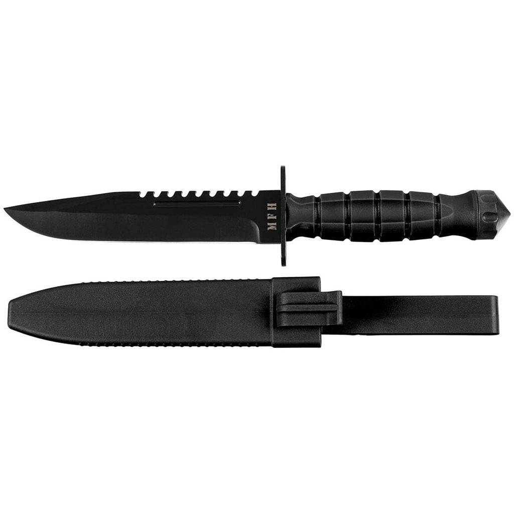 Cuchillo STORM negro con hoja 3Cr13, filo liso y sierra en el lomo, incluye funda