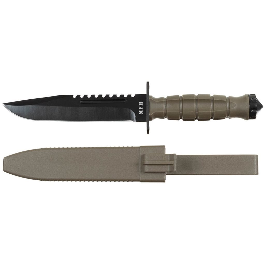 Cuchillo STORM verde con funda, hoja fija 3Cr13 ennegrecida con filo liso y sierra en el lomo