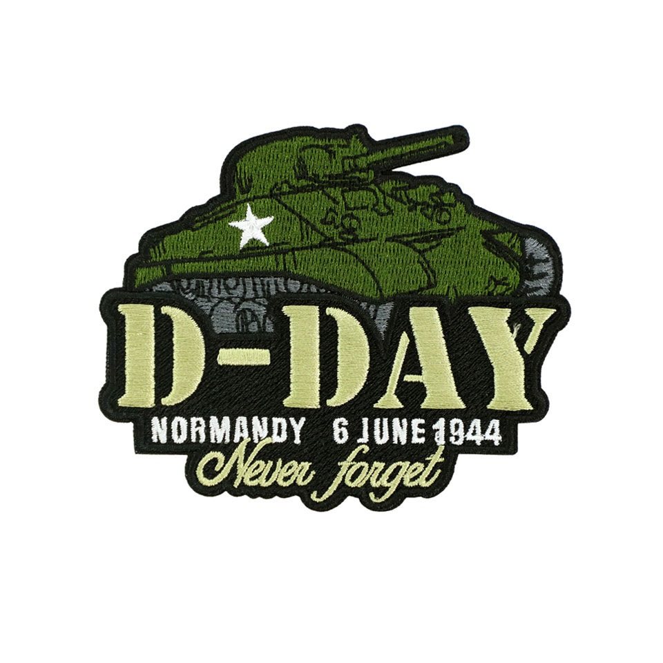 Parche bordado D-DAY Sherman con tanque y textos Normandy 6 June 1944 y Never Forget, aprox. 10 x 8,3 cm