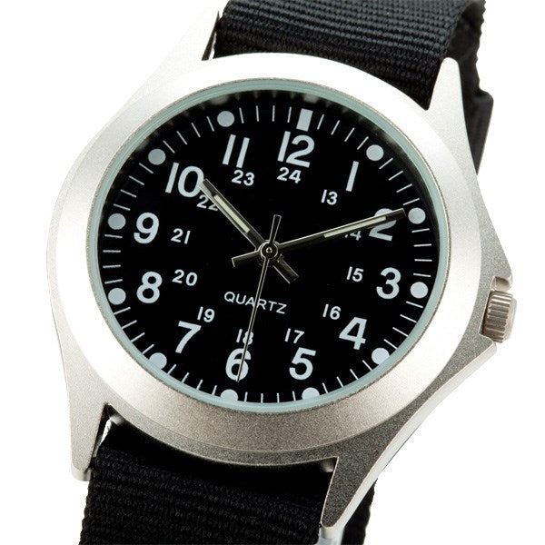 Reloj MILITARY CUARZO negro con marco metálico plateado y correa de nylon negra
