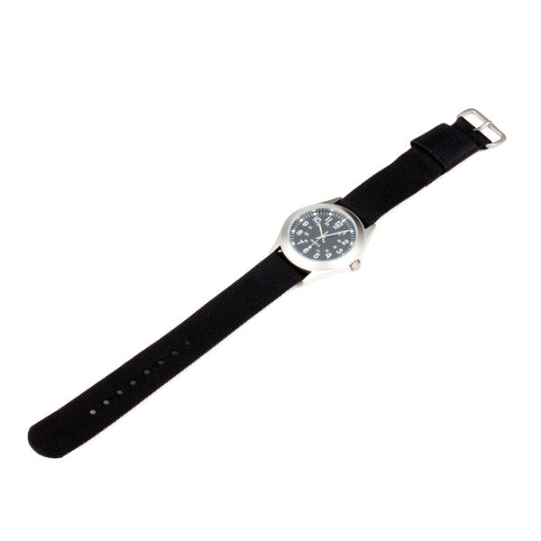 Reloj MILITARY CUARZO negro con marco metálico plateado y correa de nylon negra