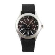 Reloj MILITARY CUARZO negro con marco metálico plateado y correa de nylon negra