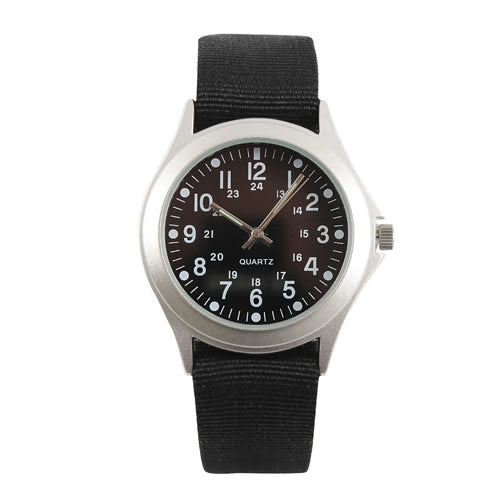 Reloj MILITARY CUARZO negro con marco metálico plateado y correa de nylon negra