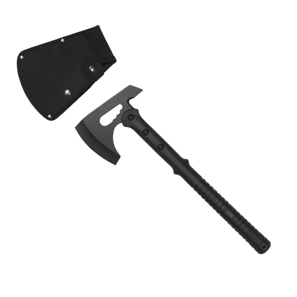 Tomahawk táctico negro con mango de plástico, usable como pico